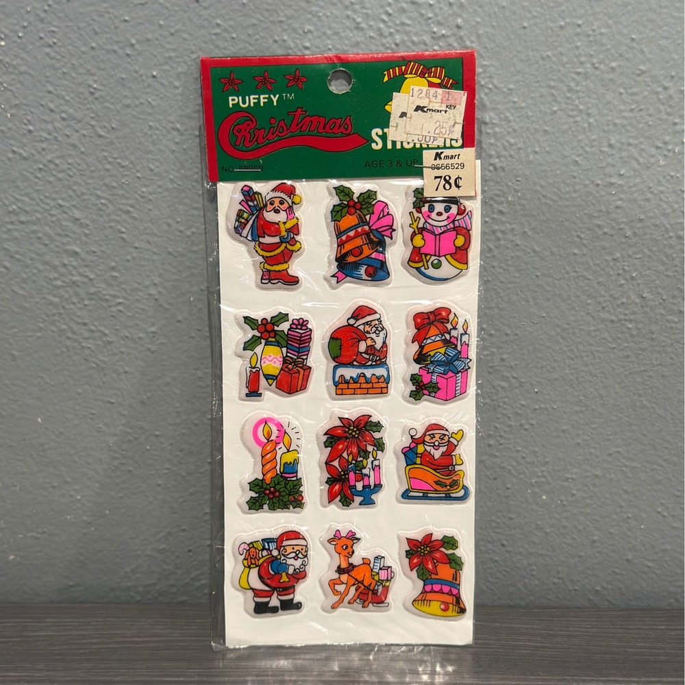 Vintage 1983 Imperial Toy Corp Puffy Christmas Stickers Santa Reindeer Kmart Tag